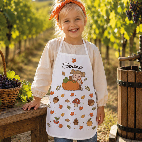 Grembiule bimba bianco con zucche e foglie autunnali, nome Serena