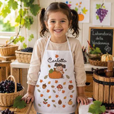 Grembiule bimba bianco con zucche e foglie autunnali, nome Carlotta