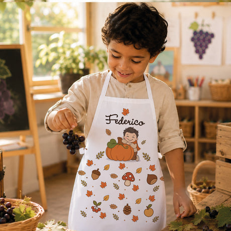 Grembiule bambino bianco con stampa zucca e funghi e nome Federico