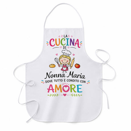 Grembiule da cucina bianco con stampa “Nonna Maria” e scritta “AMORE”