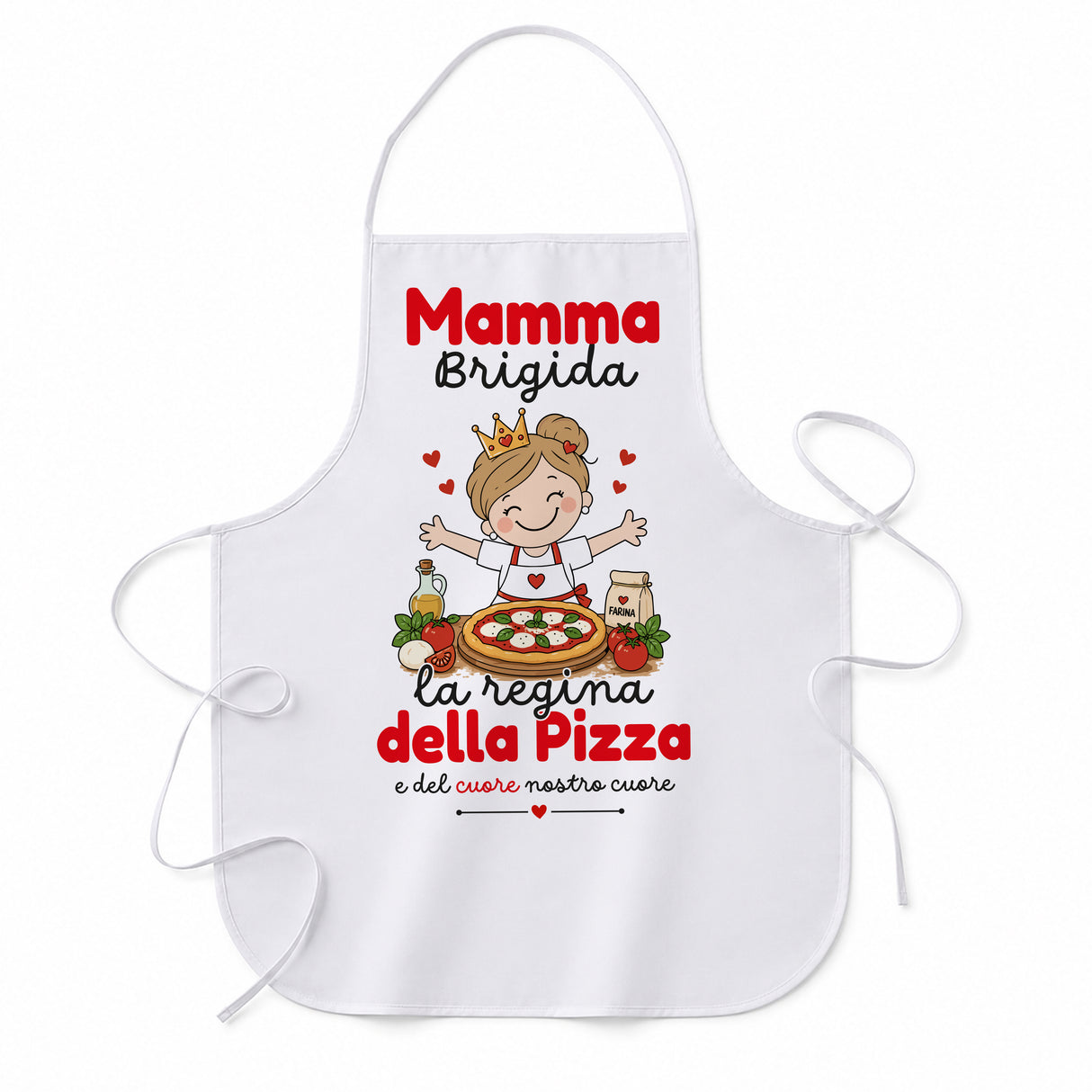 Grembiule bianco personalizzato con Mamma Brigidа e scritta “La regina della pizza”.