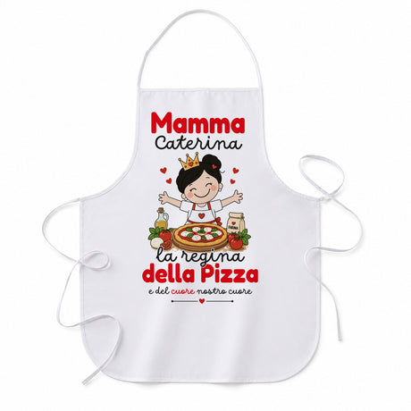 Grembiule bianco personalizzato con Mamma Caterina e scritta “La regina della pizza”.