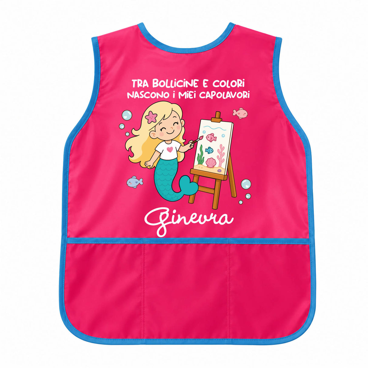 Grembiule da pittura bambina fucsia con bordi azzurri e nome Ginevra stampato