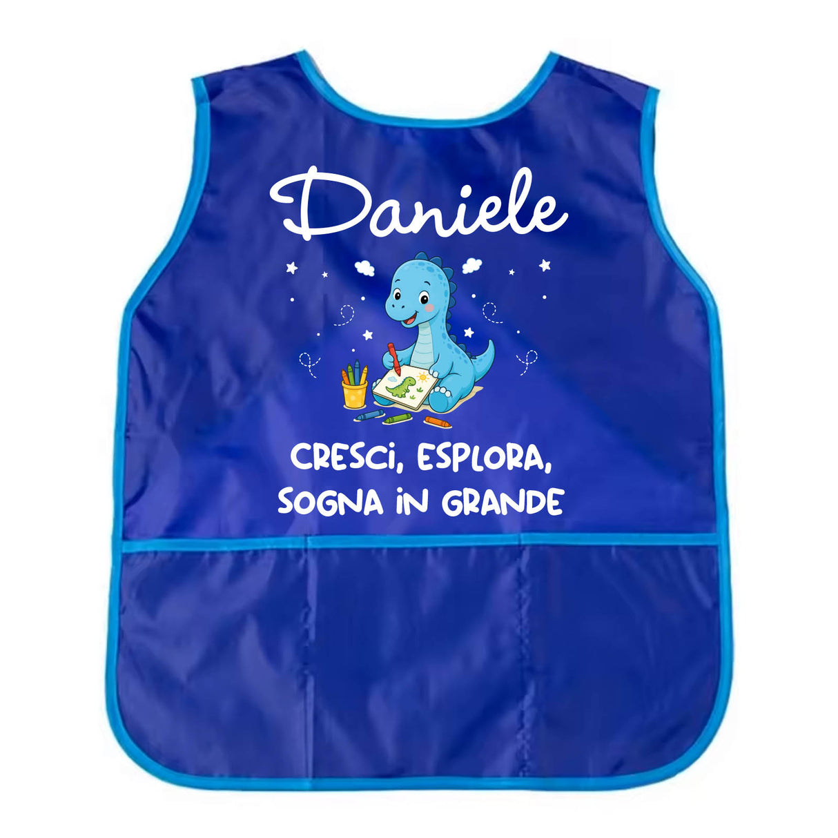 Grembiule da pittura bambino blu con nome Daniele e dino illustrato