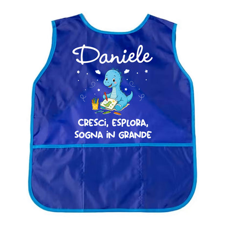 Grembiule da pittura bambino blu con nome Daniele e dino illustrato