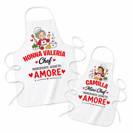 Set di grembiule da chef bianco con scritta NONNA VALERIA Chef e mini CAMILLA