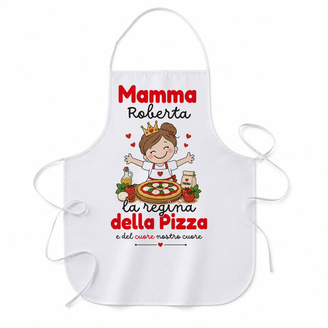 Grembiule bianco personalizzato con Mamma Roberta e scritta “La regina della pizza”.