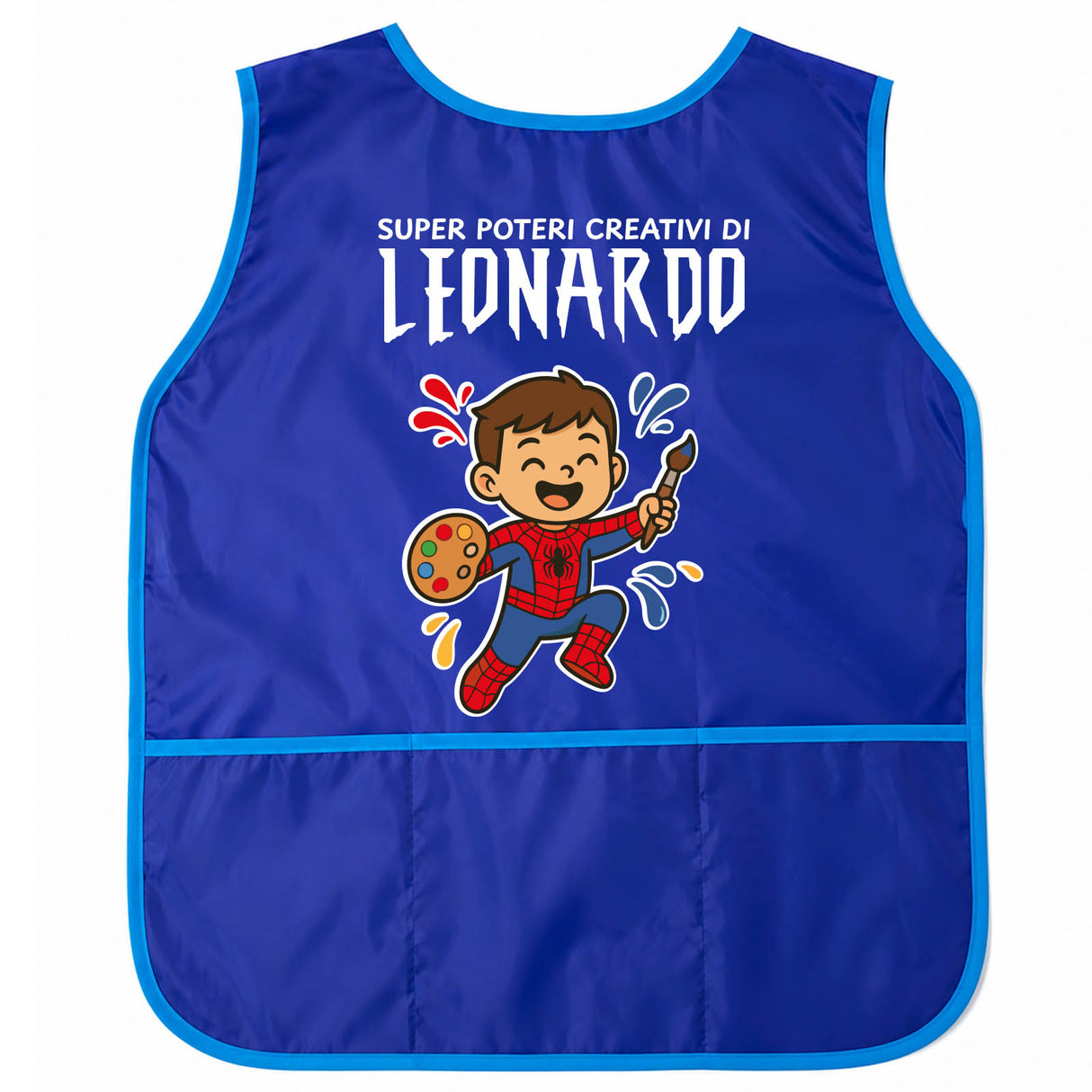 Grembiule da pittura blu per bambini con bordo turchese e stampa Spider Kid frontale