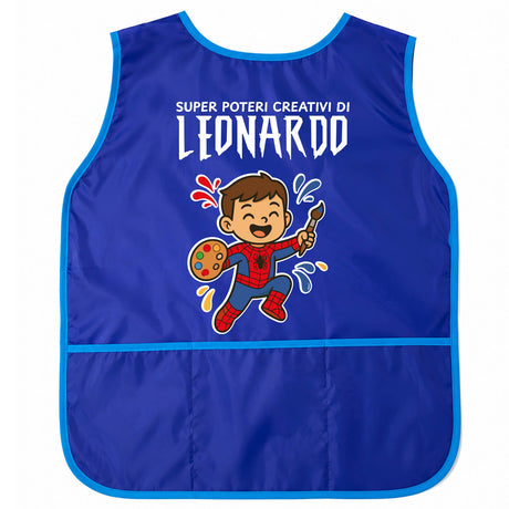 Grembiule da pittura blu per bambini con bordo turchese e stampa Spider Kid frontale