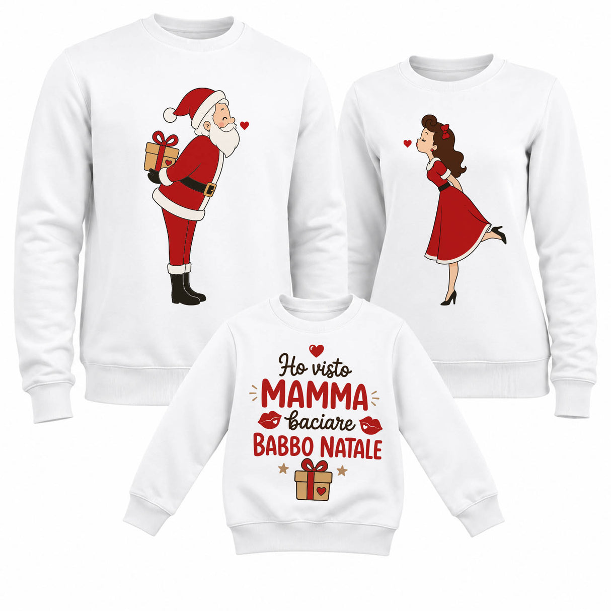 Set di 3 felpe bianche natalizie con stampe: papà Babbo regalo, mamma in rosso, bimbo testo