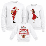 Set di 3 felpe bianche natalizie con stampe: papà Babbo regalo, mamma in rosso, bimbo testo