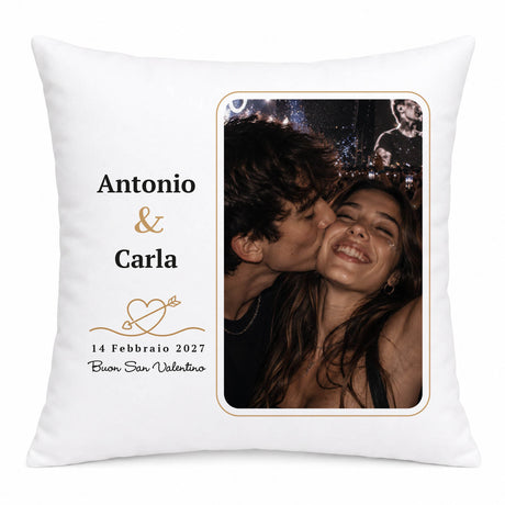 Cuscino bianco con foto, Antonio & Carla e data 14 febbraio 2027