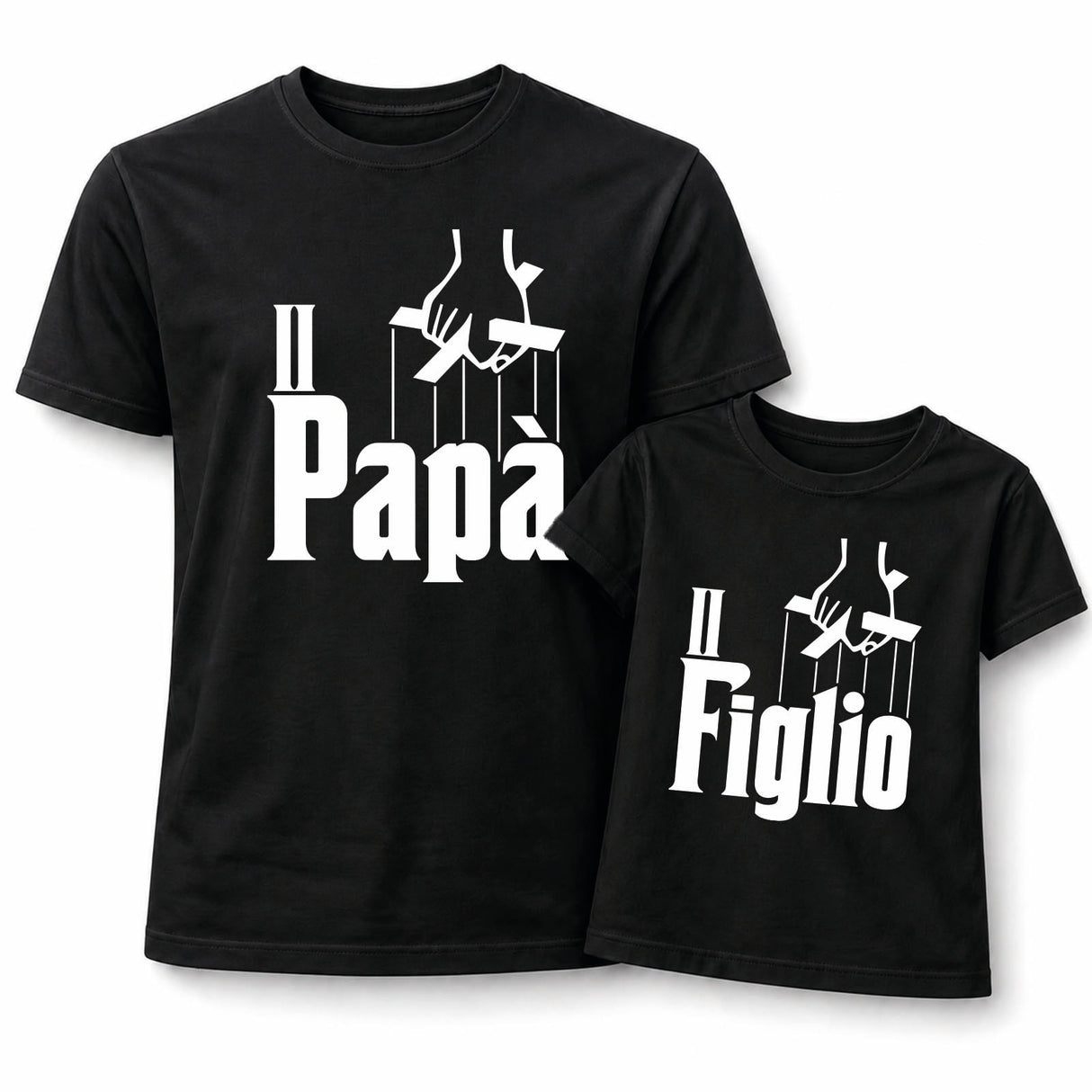 Set di due magliette nere con scritte Papà e Figlio in bianco, davanti