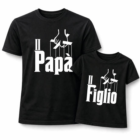 Set di due magliette nere con scritte Papà e Figlio in bianco, davanti