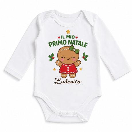 Body neonato bianco a maniche lunghe con stampa «Il mio Primo Natale» e Ludovica
