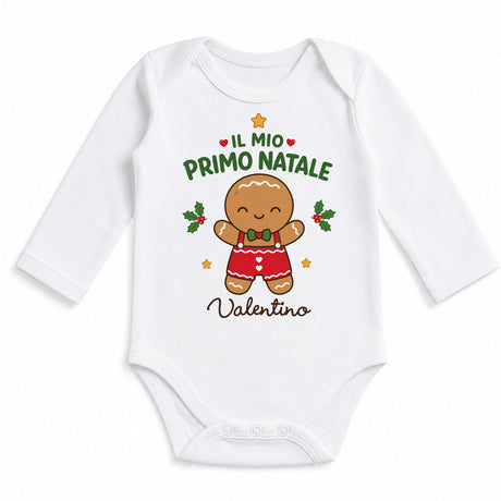 Body neonato bianco maniche lunghe con stampa omino Pan di Zenzero e scritta Valentino