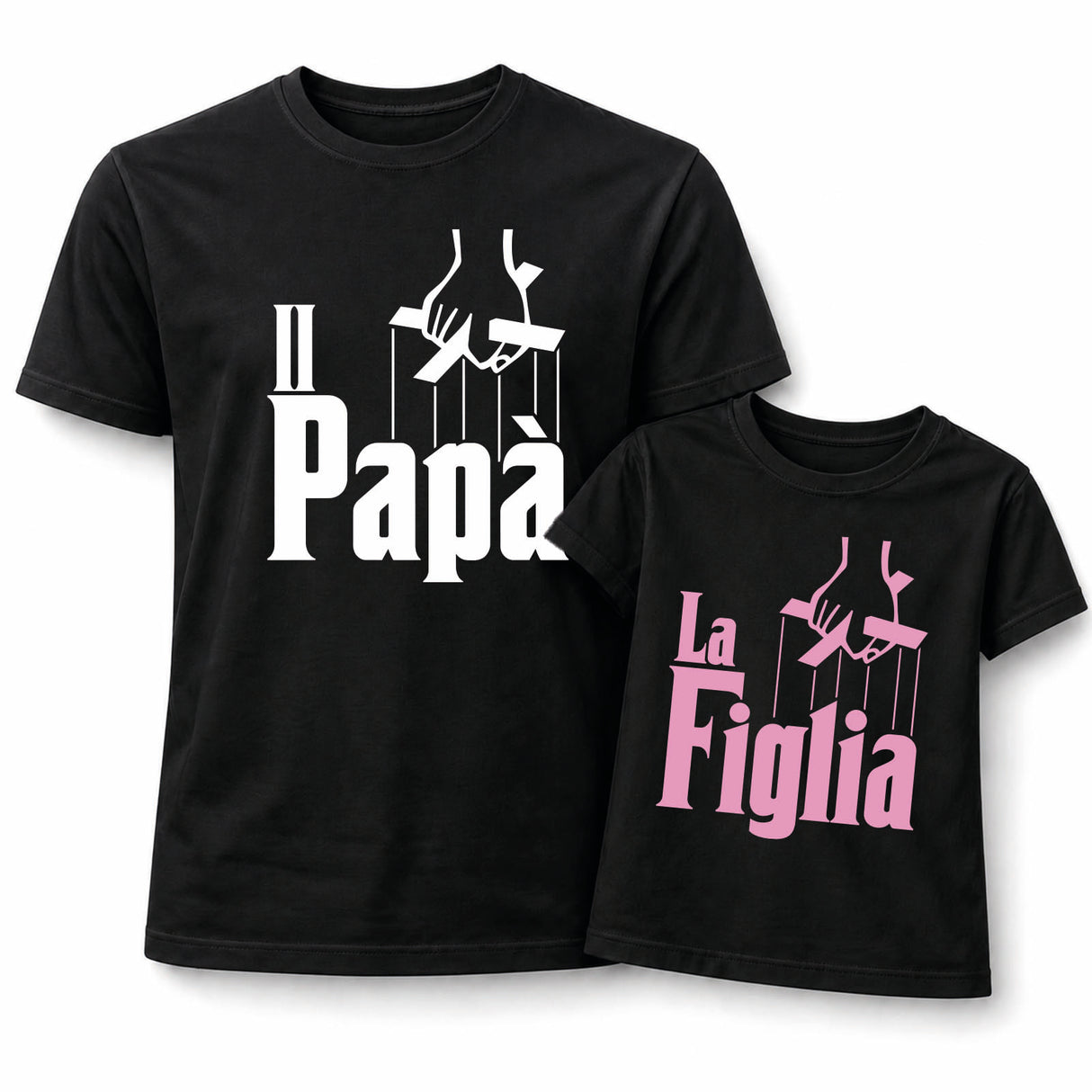 Set di t-shirt nere: “Papà” bianco e “La Figlia” rosa