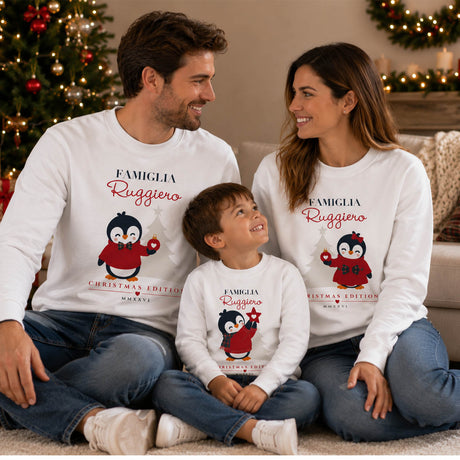 Felpa bianca famiglia con stampa pinguini e scritta Famiglia Ruggiero