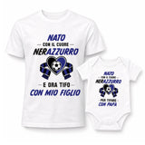 Set t-shirt e body bianchi con stampa calcio blu "Nato con il cuore" Neroazzurro