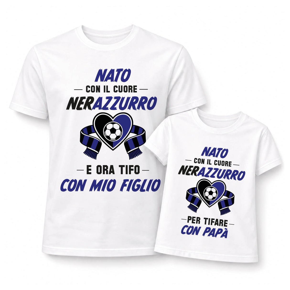 Set t-shirt e body bianchi con stampa calcio blu Neroazzurro e scritta "Con mio figlio"