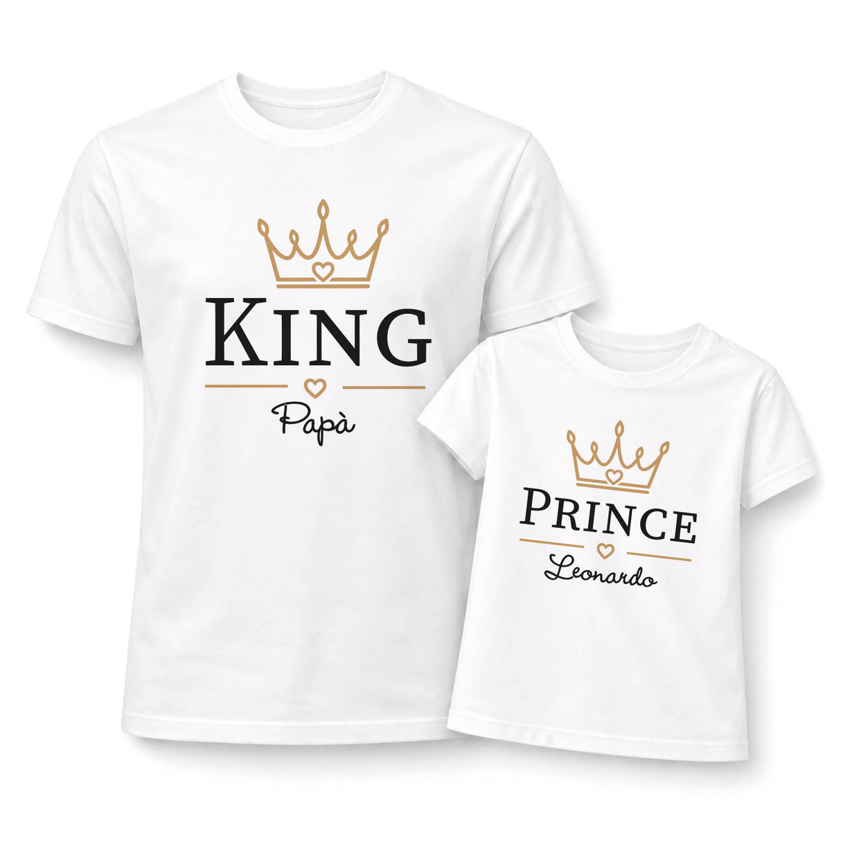 Coppia di t-shirt bianche bambino e papà con stampa corona KING e cuore