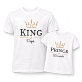 Coppia di t-shirt bianche bambino e papà con stampa corona KING e cuore