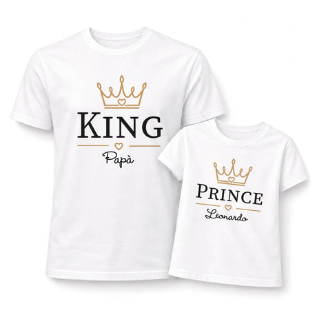 Coppia di t-shirt bianche bambino e papà con stampa corona KING e cuore