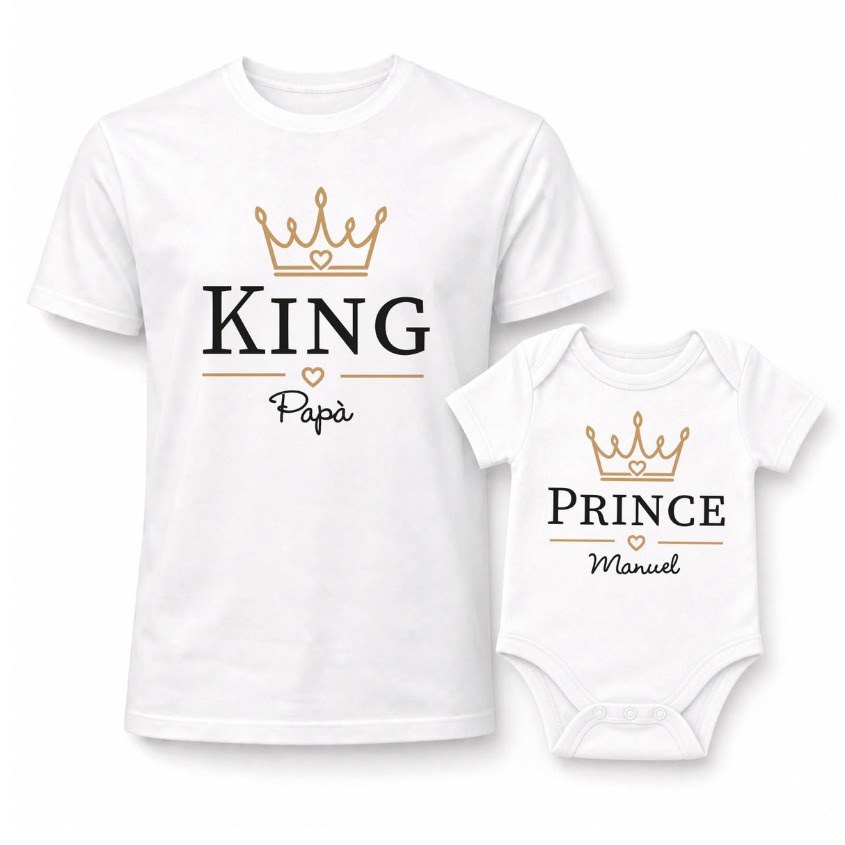 Set t-shirt e body bianchi con stampa corona KING Papà e corona PRINCE
