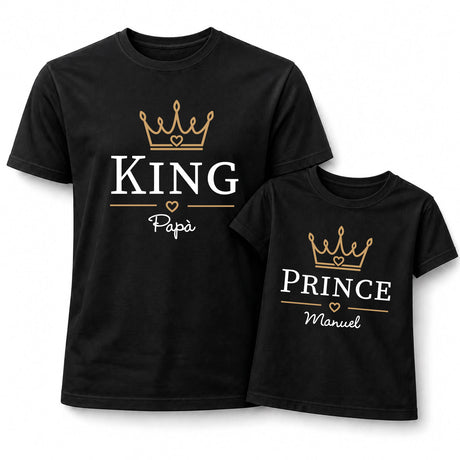 Set di t-shirt nere: King Papà per lui e Prince Manuel per bambino, con corona