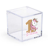 Scatola portaconfetti cubica trasparente con stampa unicorno e scritta Elena