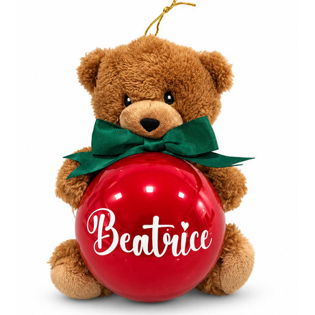 Decorazione Natalizia Personalizzata con Nome – Orsetto con Pallina di Natale in Vetro Rossa