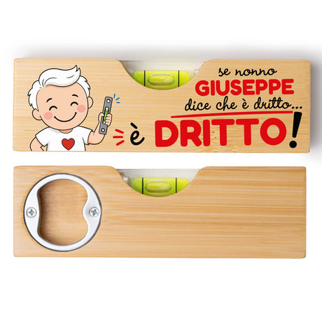 Livella in legno personalizzata con nome Giuseppe, bolla verde e foro circolare in metallo