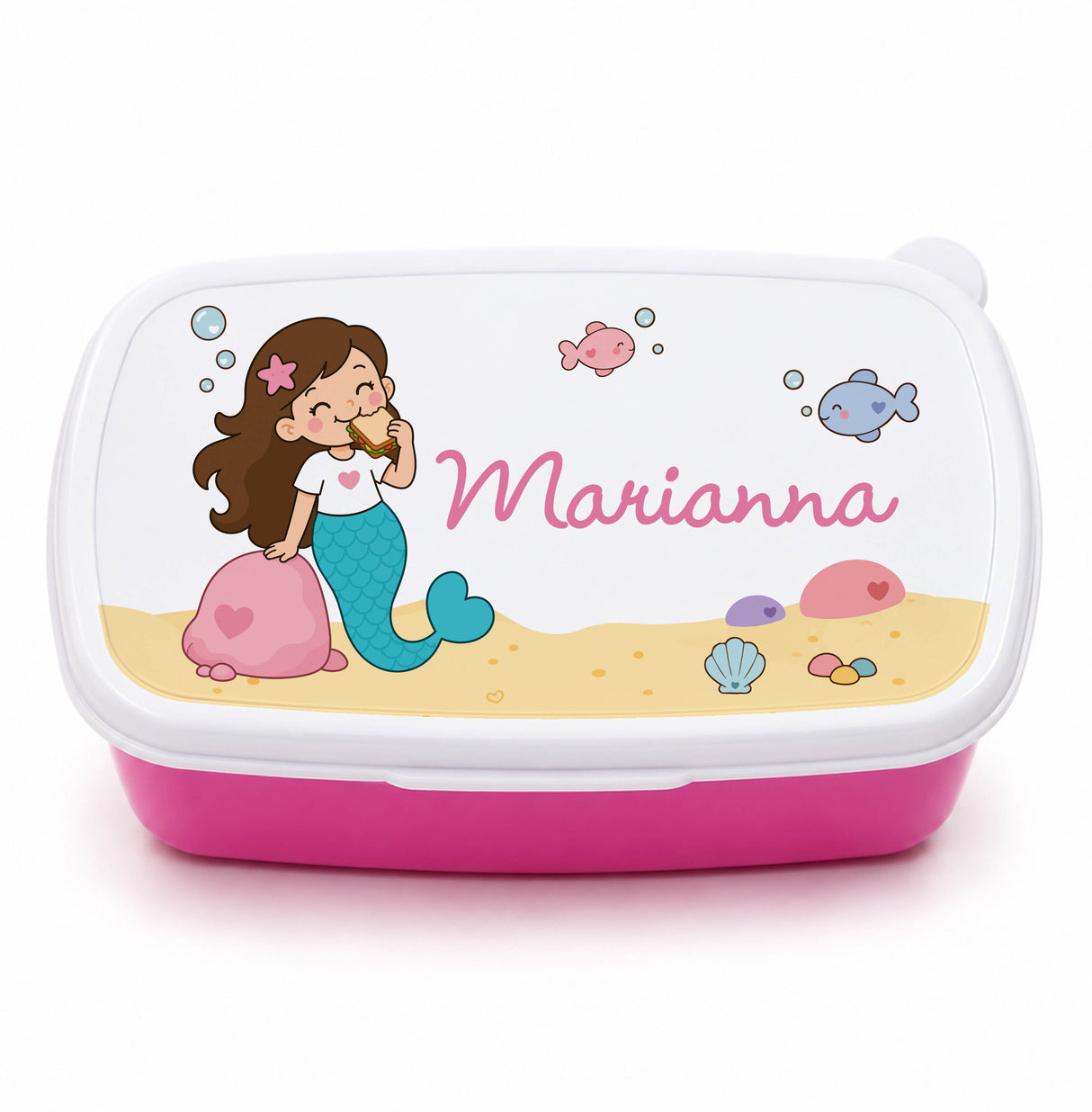 Porta pranzo bambini bianco con sirena e nome Marianna, base rosa