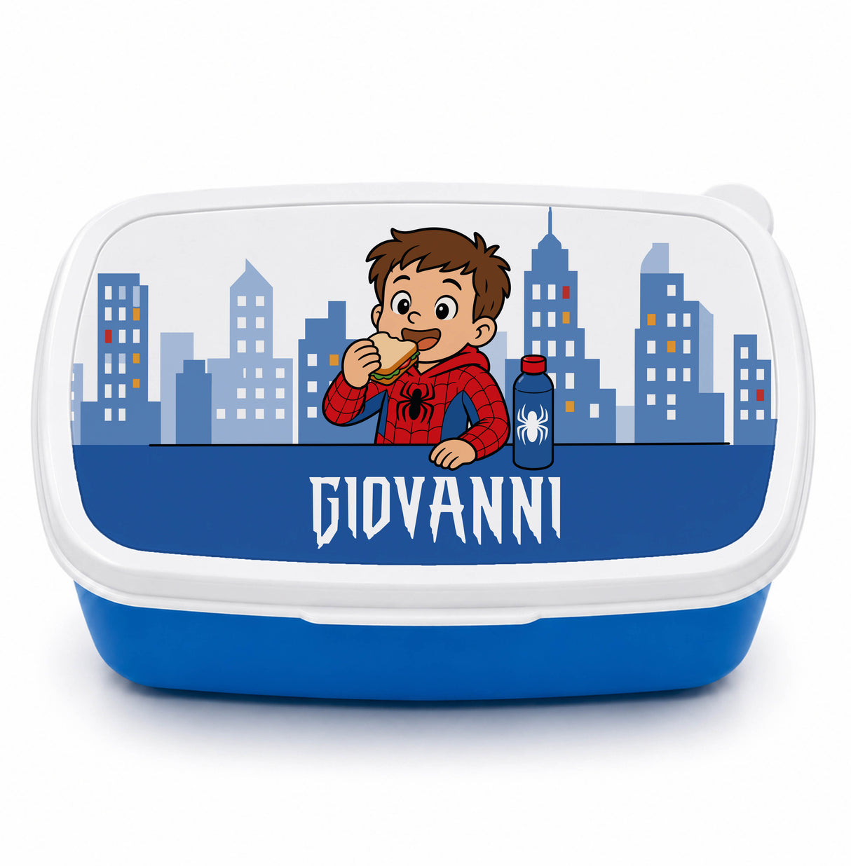Scatola portamerenda personalizzata blu con coperchio bianco e nome 'GIOVANNI'.