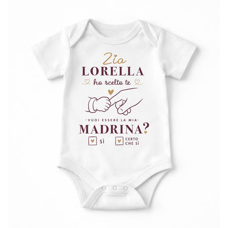 Body neonato bianco con grafica e scritta “Vuoi essere la mia madrina?”
