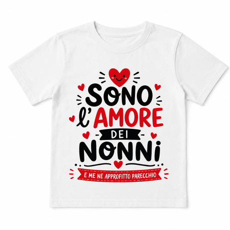 Maglietta bianca a maniche corte con stampa "Sono l'amore dei nonni" rossa e nera