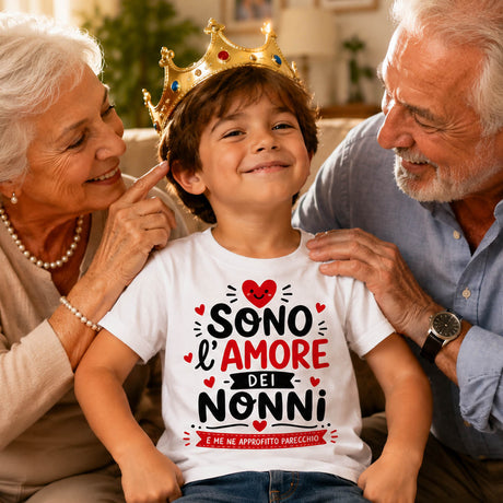Maglietta bianca a maniche corte con stampa "Sono l'amore dei nonni", indossata