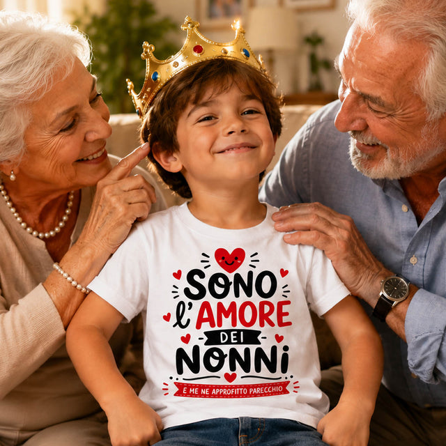 Maglietta bianca a maniche corte con stampa "Sono l'amore dei nonni", indossata