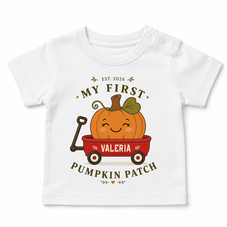 Maglietta neonato bianca con grafica zucca e scritta "My First Pumpkin Patch" e nome VALERIA