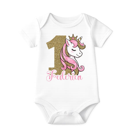 Body bianco a maniche corte con stampa unicorno rosa, scritta Federica e numero 1