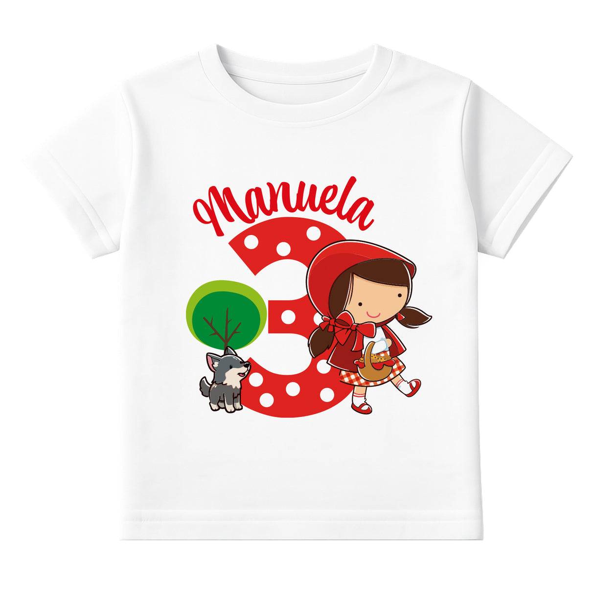 T-shirt bianca personalizzata Manuela con grafica Cappuccetto Rosso e numero rosso