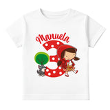 T-shirt bianca personalizzata Manuela con grafica Cappuccetto Rosso e numero rosso