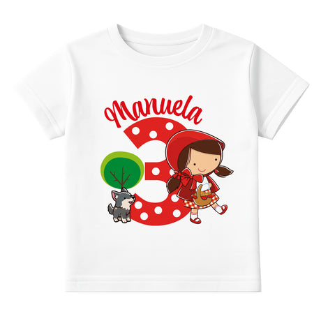 T-shirt bianca personalizzata Manuela con grafica Cappuccetto Rosso e numero rosso