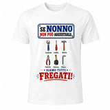 T-shirt bianca con stampa grande 'Se nonno non può aggiustarlo' e attrezzi