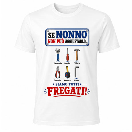 T-shirt bianca con stampa grande 'Se nonno non può aggiustarlo' e attrezzi