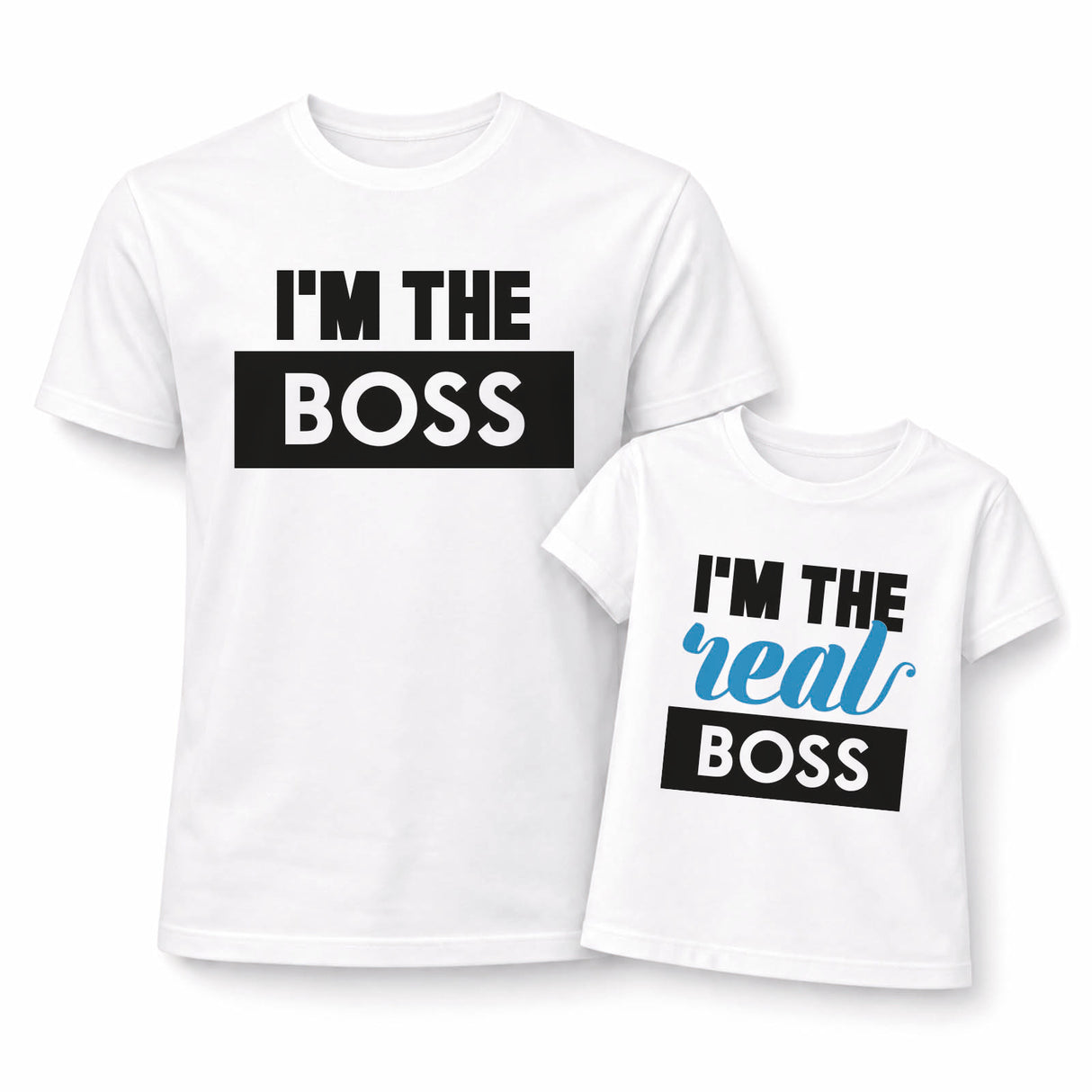 Set t-shirt bianche: adulto 'I'M THE BOSS' e bimbo 'I'm the real BOSS'