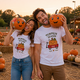 Maglietta bianca uomo con stampa “Pumpkin Season” e zucca arancione su carretto