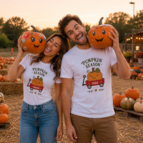 Maglietta bianca uomo con stampa “Pumpkin Season” e zucca arancione su carretto