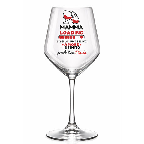 Calice da vino personalizzato con logo “Mamma Loading” e scritta Flavia