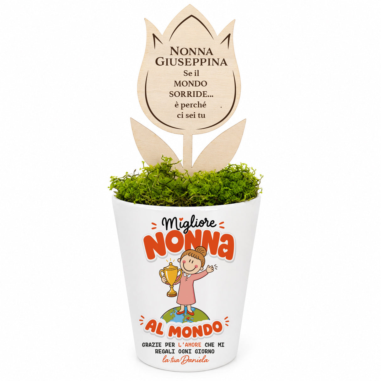 Vaso conico bianco con muschio verde e fiore in legno con dedica Nonna Giuseppina
